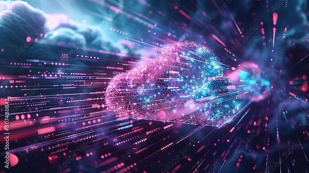 Aufkleber a futuristic representation of cloud technology, with dynamic colors and digital elements illustrati