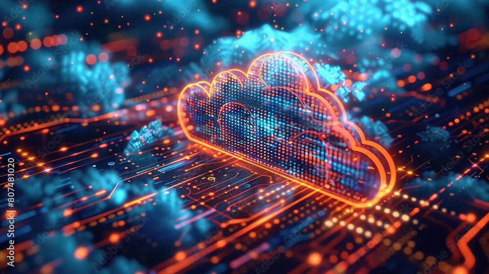 Aufkleber a futuristic representation of cloud technology, with dynamic colors and digital elements illustrati