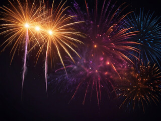 Fototapeta premium Colorful vibrant glittering fireworks Background with glow smoke and confetti banner ai generative