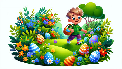 A cartoon-style child engaged in an spring Easter egg hunt