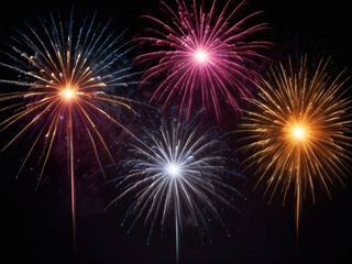 Naklejka premium Colorful vibrant glittering fireworks Background with glow smoke and confetti banner ai generative