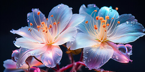 Fototapeta premium Luminescent Flowers Glowing in Dark, Artistic Macro of Blooms with Dew