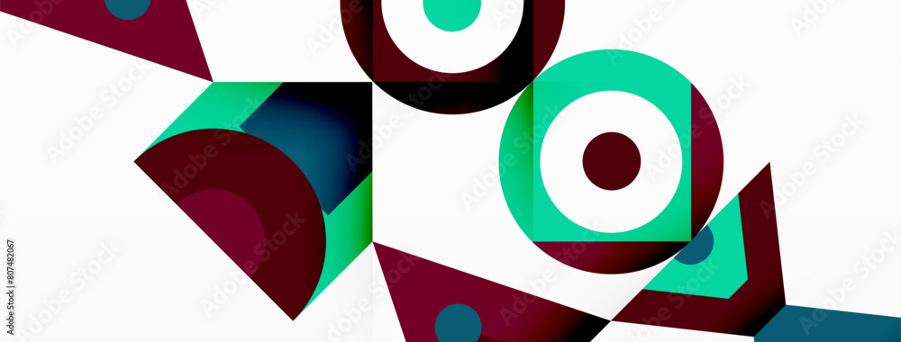 Poster textile art featuring a vibrant geometric pattern with circles and triangles in red and magenta tint