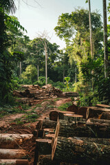 Fototapeta premium Deforestation Scene with Felled Trees in Lush Forest