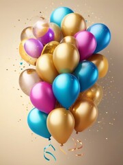 Bunch of gold and colorful festive holiday balloons background. Realistic 3d art. Holiday Birthday card template banner background design