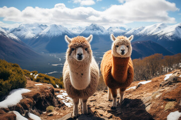 Fototapeta premium Alpacas in Mountainous Terrain with Snow Capped Peaks and Blue Sky
