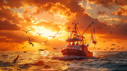 Fishing boat and seagulls in the red sunset sea