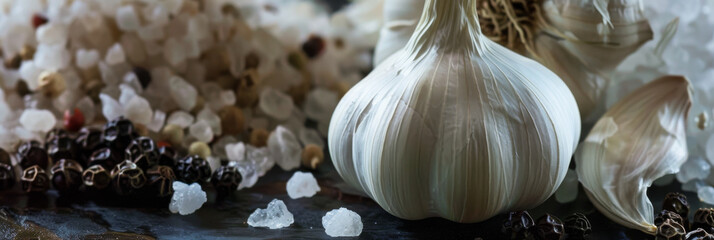 Aromatic Garlic Cloves and Mixed Spices on Dark Textured Background