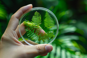 Hand Holding Petri Dish with Ferns on Nature Background