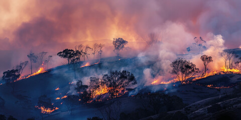 Dramatic Wildfire Engulfing Forest at Dusk with Intense Flames and Smoke