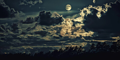 Enchanting Full Moon Rising Over Silhouetted Forest Against Cloudy Night Sky