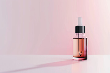 glass bottle containing a serum with cosmetic dropper on a plain white backdrop. Display of a container for cosmetic products.