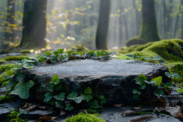 Fototapeta premium Stone podium at magic forest, plants, green moss, herbs, dew - 3D mockup background beauty product presentation concept. Copy space platform for Cosmetics, perfume fashion sales advertising stand.