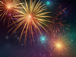 Fototapeta premium Colorful vibrant glittering fireworks Background with glow smoke and confetti banner ai generative