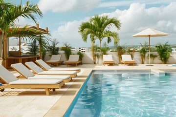 Swimming pool and sun loungers at stylish tropical spa hotel, summertime banner mockup. Summer travel sales and vacation concept.