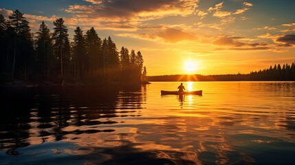 Tourist sails kayak along calm lake at gentle sunrise light discovering wild nature-Ai Generated