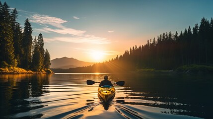 Tourist sails kayak along calm lake at gentle sunrise light discovering wild nature-Ai Generated