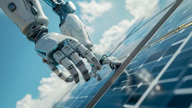 Close-up action shot of a worker robot on a sunny roof, meticulously performing maintenance on solar panels, futuristic service