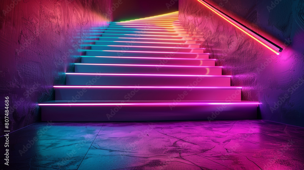 Poster an illuminated staircase with colorful led lights running along its edges.