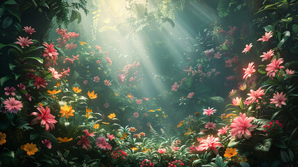 Tropical Jungle with Vibrant Flowers Exotic Foliage Background, Generative Ai