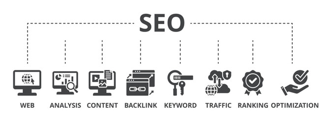 SEO concept icon illustration contain WEB, analysis, content, backlink, keyword, traffic, ranking and optimization.