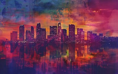 Downtown LA night Los Angeles sunset colorful California skyline very beautiful illustration