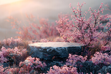 Empty stylish stone podium at spring blooming flowers 3D mockup background, beauty product presentation concept. Copy space platform for Cosmetics, perfume home goods fashion sales advertising stand.