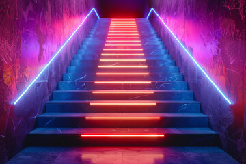 A stairway illuminated by vibrant neon lighting