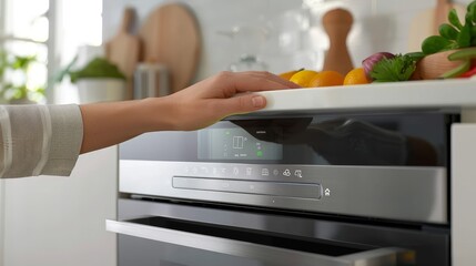 A person's hand pressing the digital touchpad of a modern microwave, selecting specific cooking options, under natural kitchen light