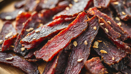 beef jerky arranged as a textured background, ideal for banners and promotions