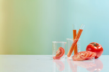 Front view photo at gradient background, a petri dish of tomato slices, test tube with tomato...
