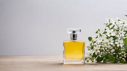 Mockup of a glass perfume bottle with flowers