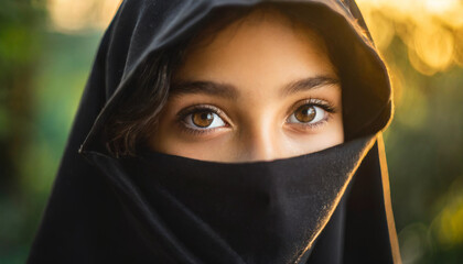 Captivating Muslim teenage girl in black niqab gazes warmly, with copy space