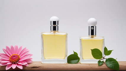 Mockup of a glass perfume bottle with flowers