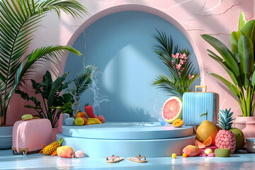 .Empty stylish podium 3D mockup background for beauty product presentation concept. Summer copy space platform surrounded by palm leaves . Cosmetics, perfume or home goods sales advertising stand.