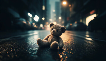 Sad dropped lost teddy bear sitting in a wet street - Powered by Adobe