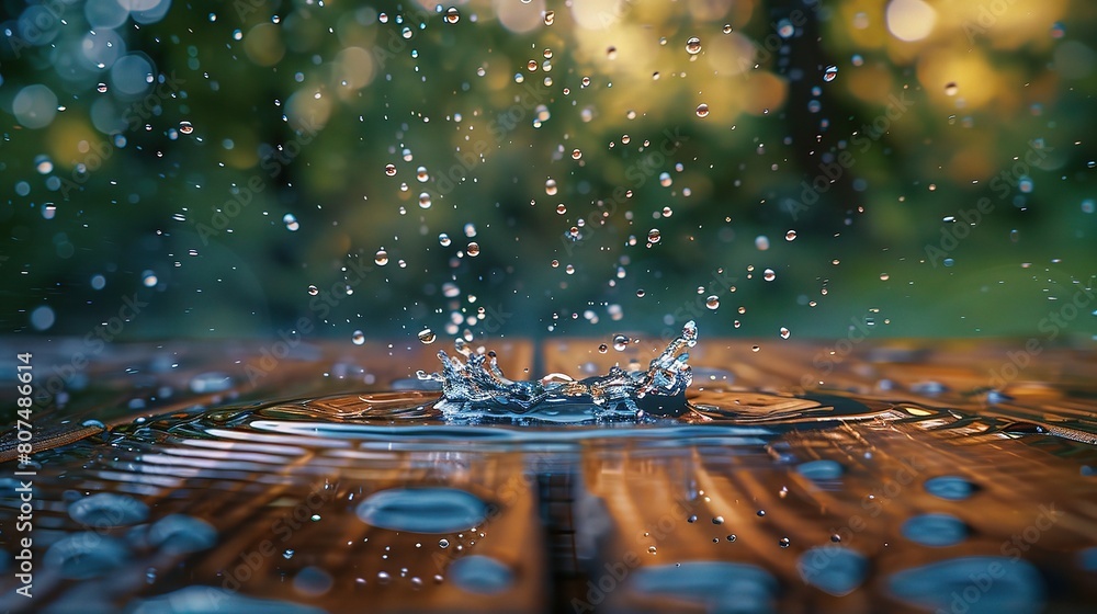 Poster a macro shot of raindrops splashing into a puddle on a weathered wooden deck, with each drop creatin