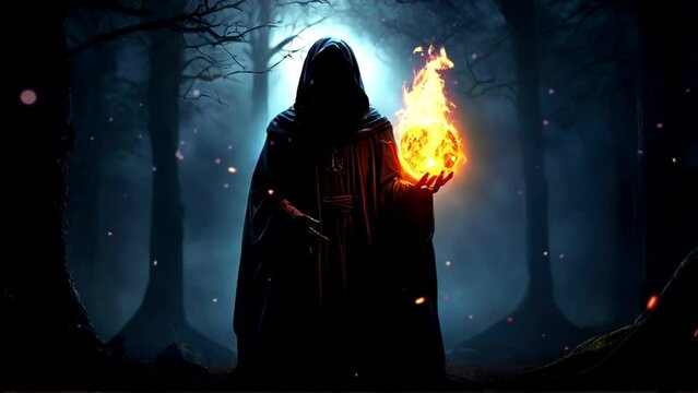 mysterious wizard with a fireball in his hand