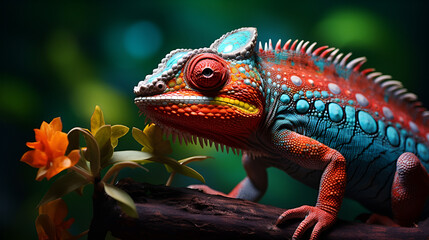 Fototapeta premium Colorful chameleon on a branch in the forest