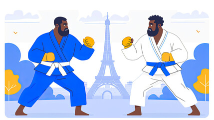 Two men in karate uniforms are fighting in front of the Eiffel Tower