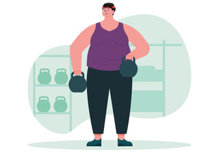 Fat man lifting kettlebell. Diet vector illustration