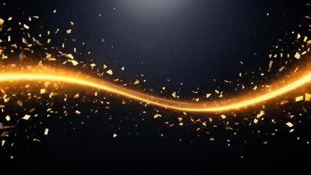 Gold confetti swirls and falls against a black background, illuminated by a bright light. The image evokes a sense of celebration, luxury, and elegance.

