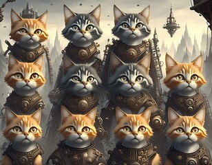 中世期の時代に戦闘の前に集まる猫の騎士たち
