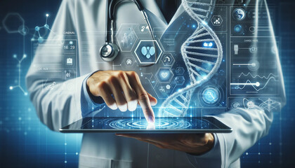 Medicine doctor touching electronic medical record on tablet. DNA. Digital healthcare and network connection on hologram modern virtual screen interface, medical technology and futuristic concept