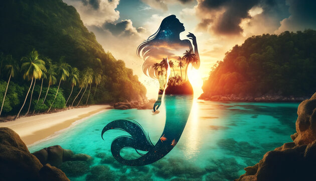 Double Exposure style, featuring the silhouette of a mermaid combined with a tropical beach