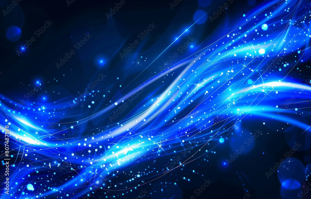 Poster Abstract blue glowing background with glowing lines and particles, futuristic technology waves lights