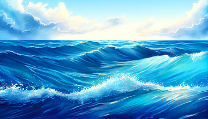 Watercolor blue ocean waves surface with white clouds and sun