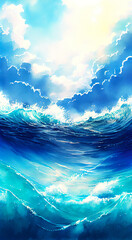 watercolor blue sea and sky with clouds, ocean waves and splash water