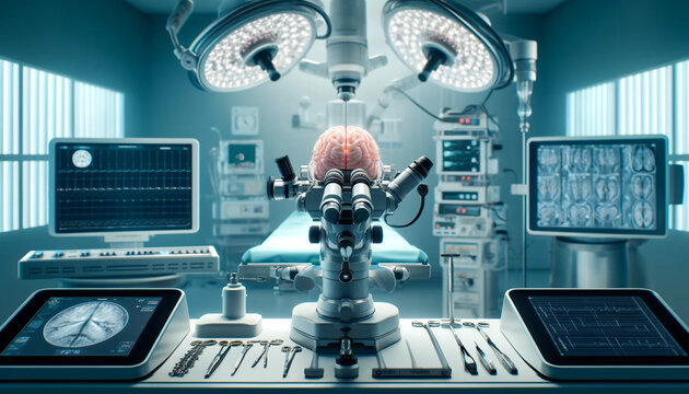 Modern medical equipment in an operating room designed for neurosurgery doctors and nurses