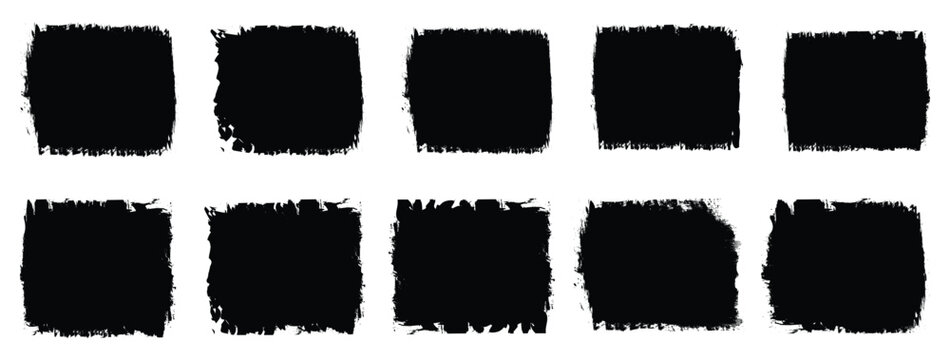 Brush stroke, ink paint brush, grunge lines. Black square shapes with ripped jagged borders on white background. Vintage grunge boxes for collage, text, banner, sticker design. 